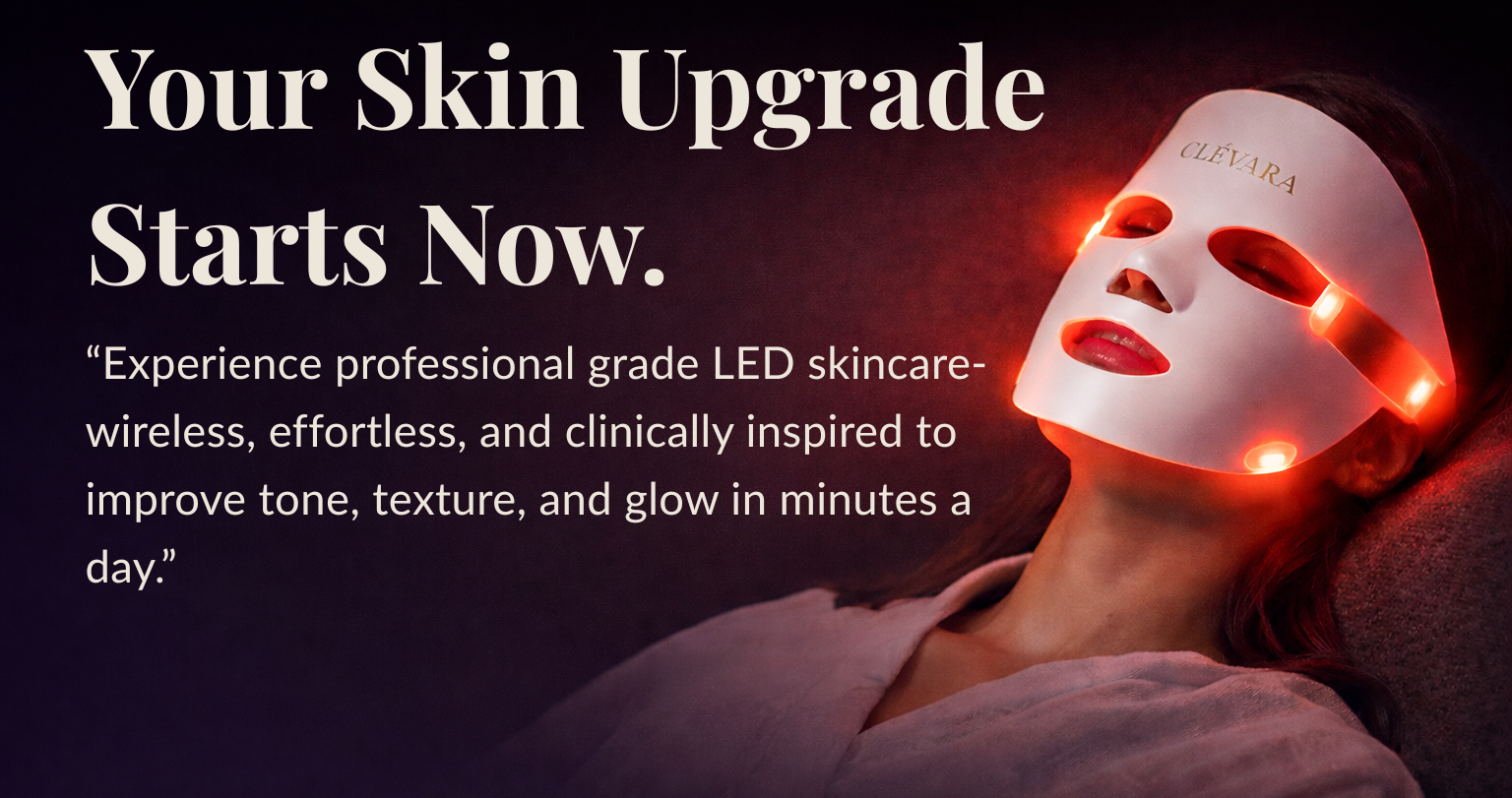 Person wearing Luerelle LED face mask with red light glow and promotional text about skincare upgrade